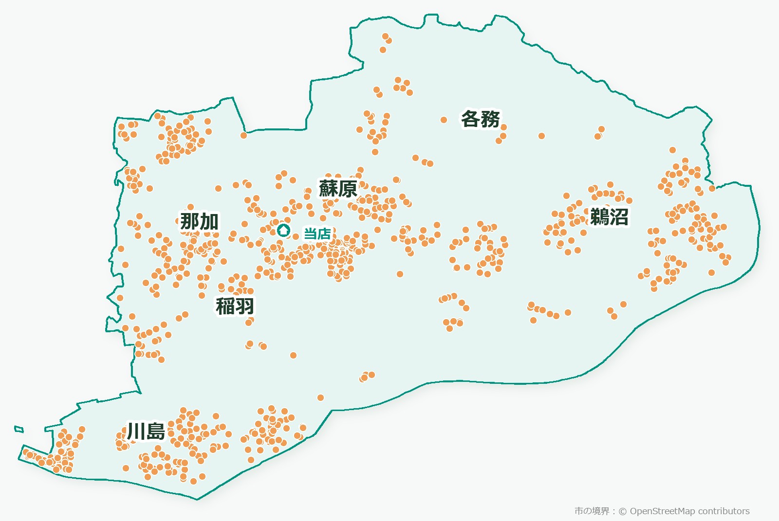各務原市内のお取引実績マップ。那加・蘇原・鵜沼・川島・稲羽・各務の各地区に、お取引1件ごとの点が広がっている